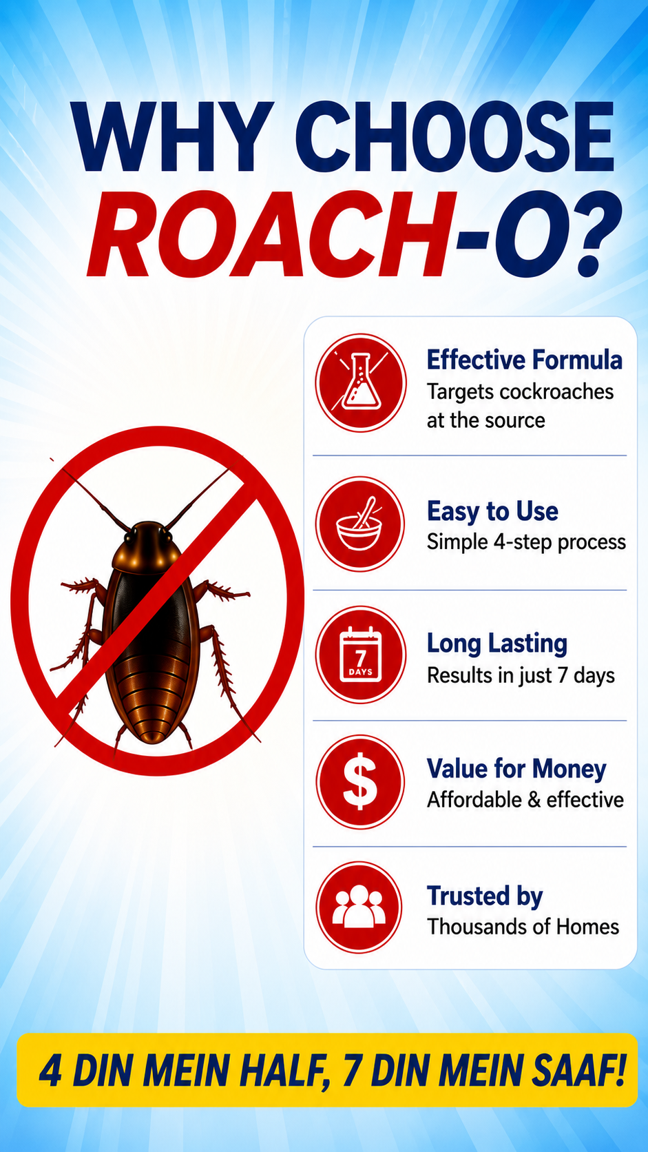 Why choose Roach-O: effective formula, easy to use, long lasting, value for money, trusted by thousands of homes.